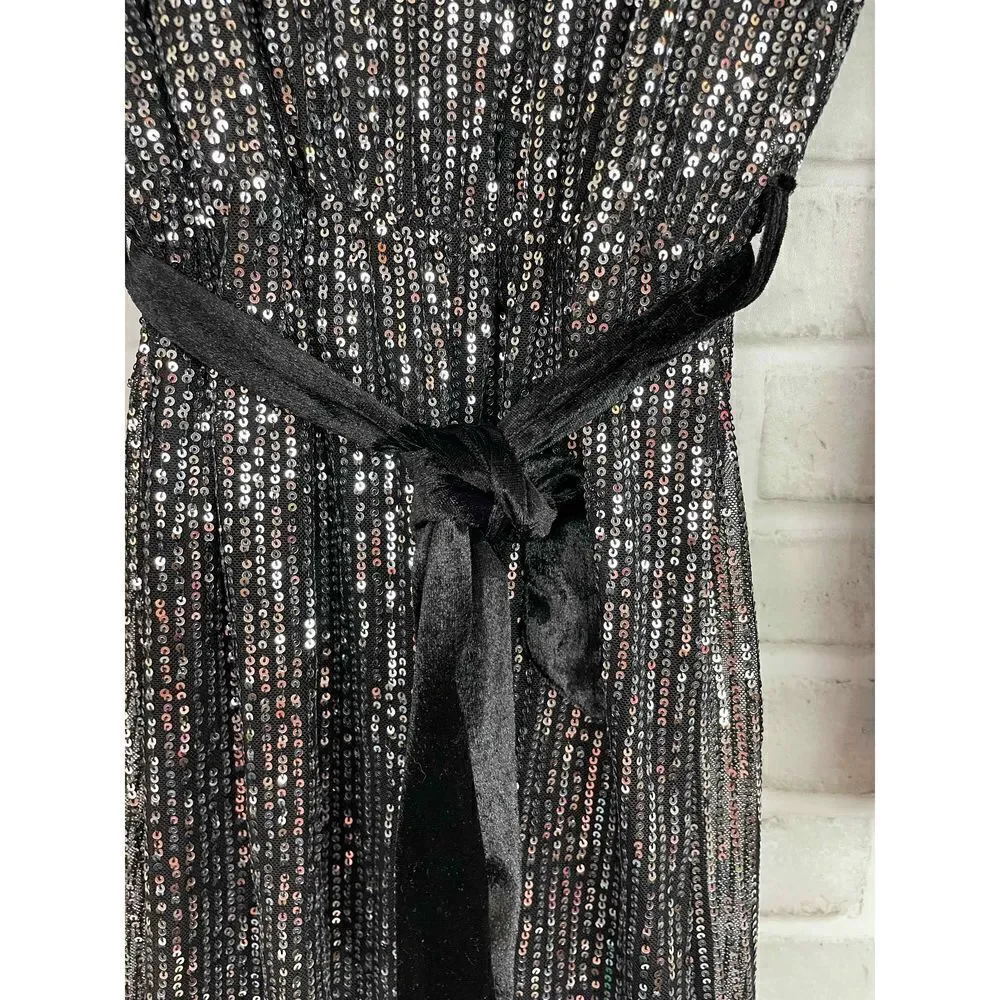 New Boutique Sparkle Black Silver Mini Dress with Velvet Tie Belt Women's Size S